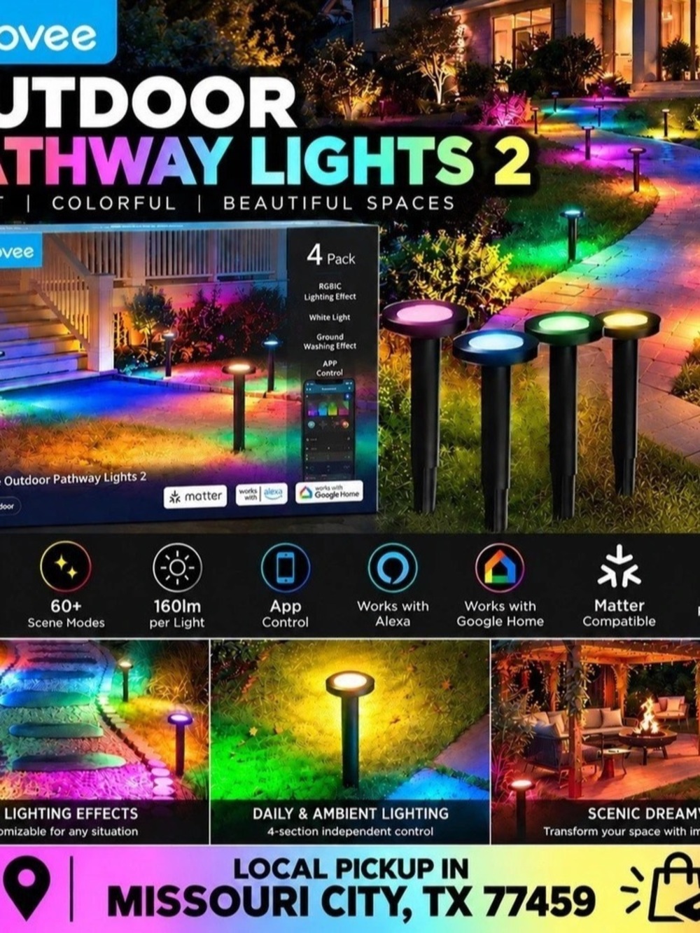 Govee Outdoor Pathway Lights 2 4-Pack Black & Multicolor